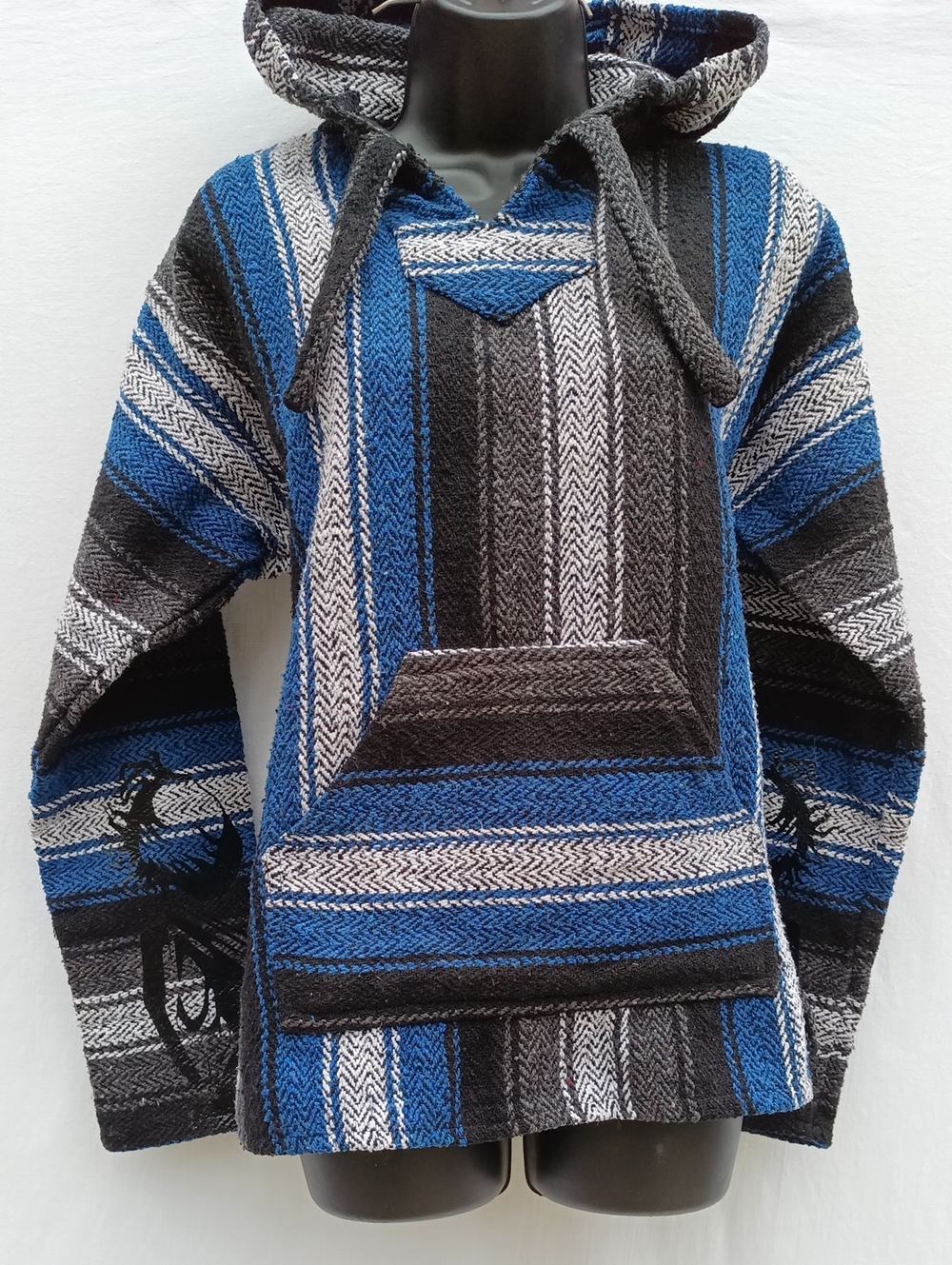 Striped Hooded Pullover V-Neck Sweater in Blue and Gray